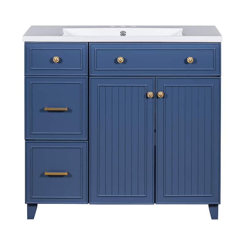 36" Bathroom Vanity Navy Blue Single Sink Bathroom Cabinet with Drawers - 36 Inch