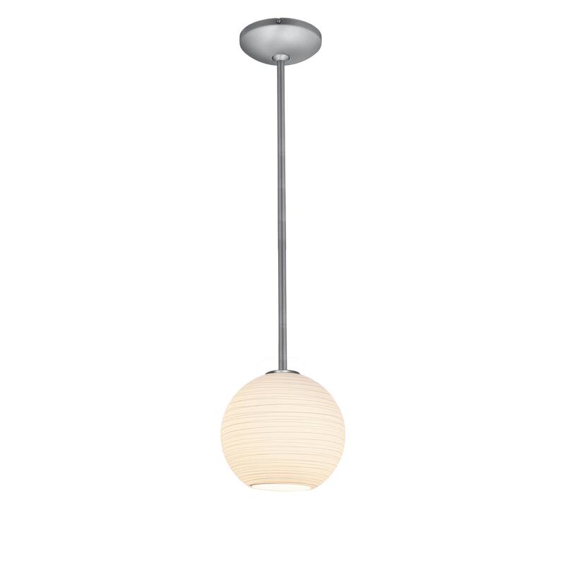 Access Lighting Japanese Lantern - E26 LED Rod Pendant - 8"W - Brushed Steel Finish - White Lined Glass Shade - Brushed Steel