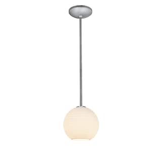Access Lighting Japanese Lantern - E26 LED Rod Pendant - 8"W - Brushed Steel Finish - White Lined Glass Shade