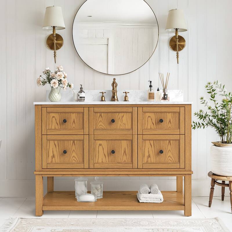 48 Inch Single Bathroom Vanity with 6 Drawers, Marble Top Bathroom Vanity with Sink in White - 48" x 22"x 35" - Brown