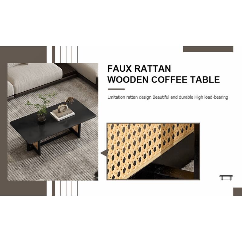 Chinese style white solid wood and imitation rattan coffee table