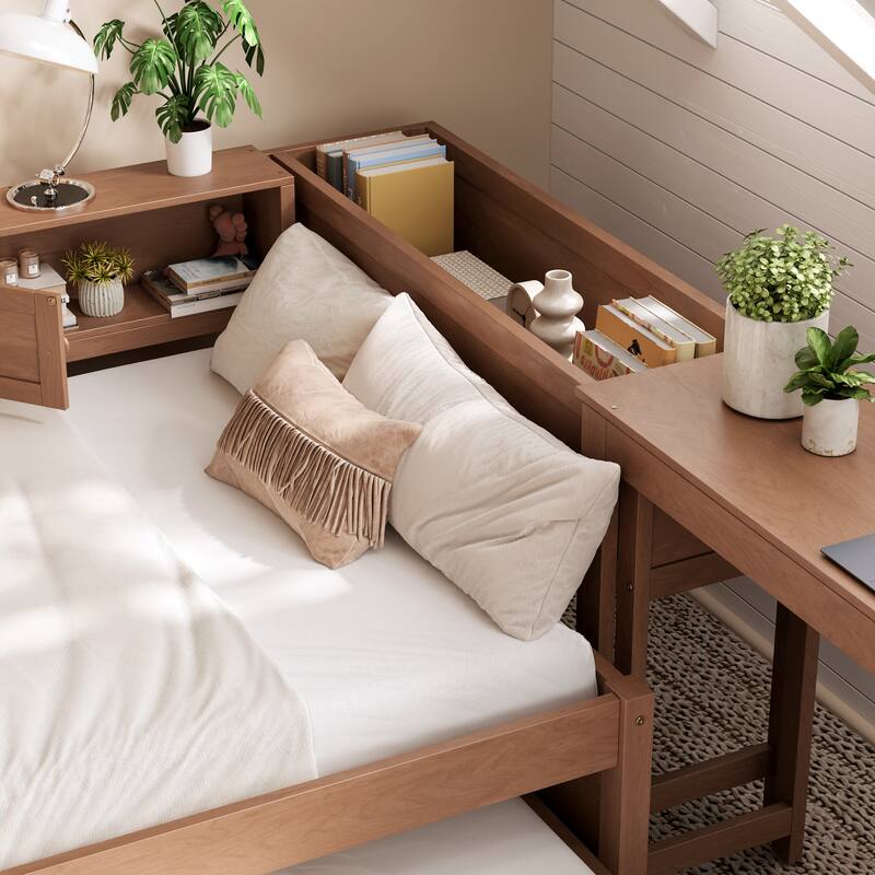 Full/Twin Daybed with Trundle & Storage Drawers - Wood Frame with Side Shelves and Desk