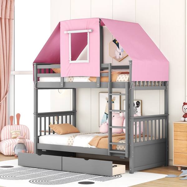 slide 2 of 9, Gray+Pink Twin over Twin Wood Bunk Bed with Drawers & Tent