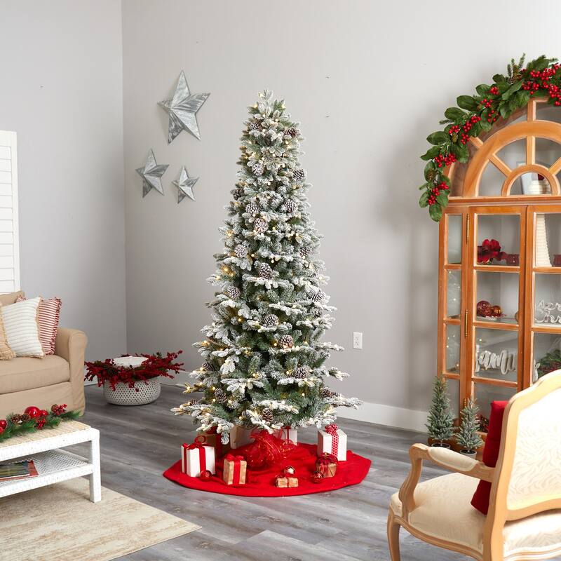 7.5ft Flocked Christmas Tree with Lights - Slim Pencil Artificial Tree, Pre-Lit Holiday Decor - White - 84