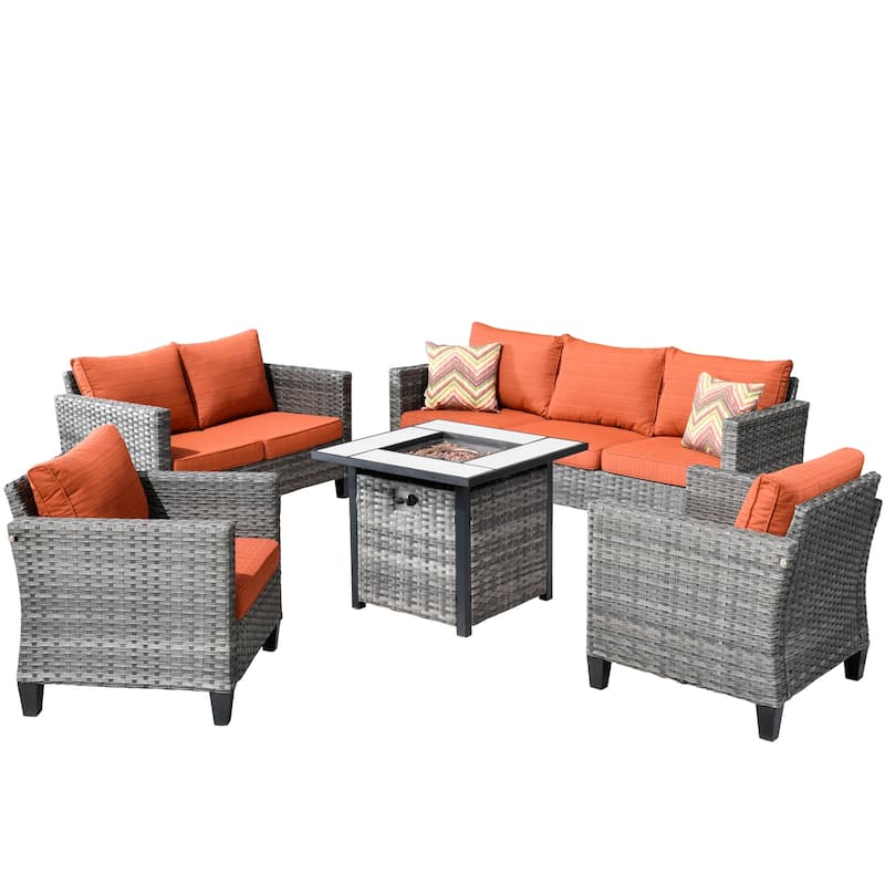 OVIOS 5-piece Patio Loveseat Wicker Set with 30" Fire Pit