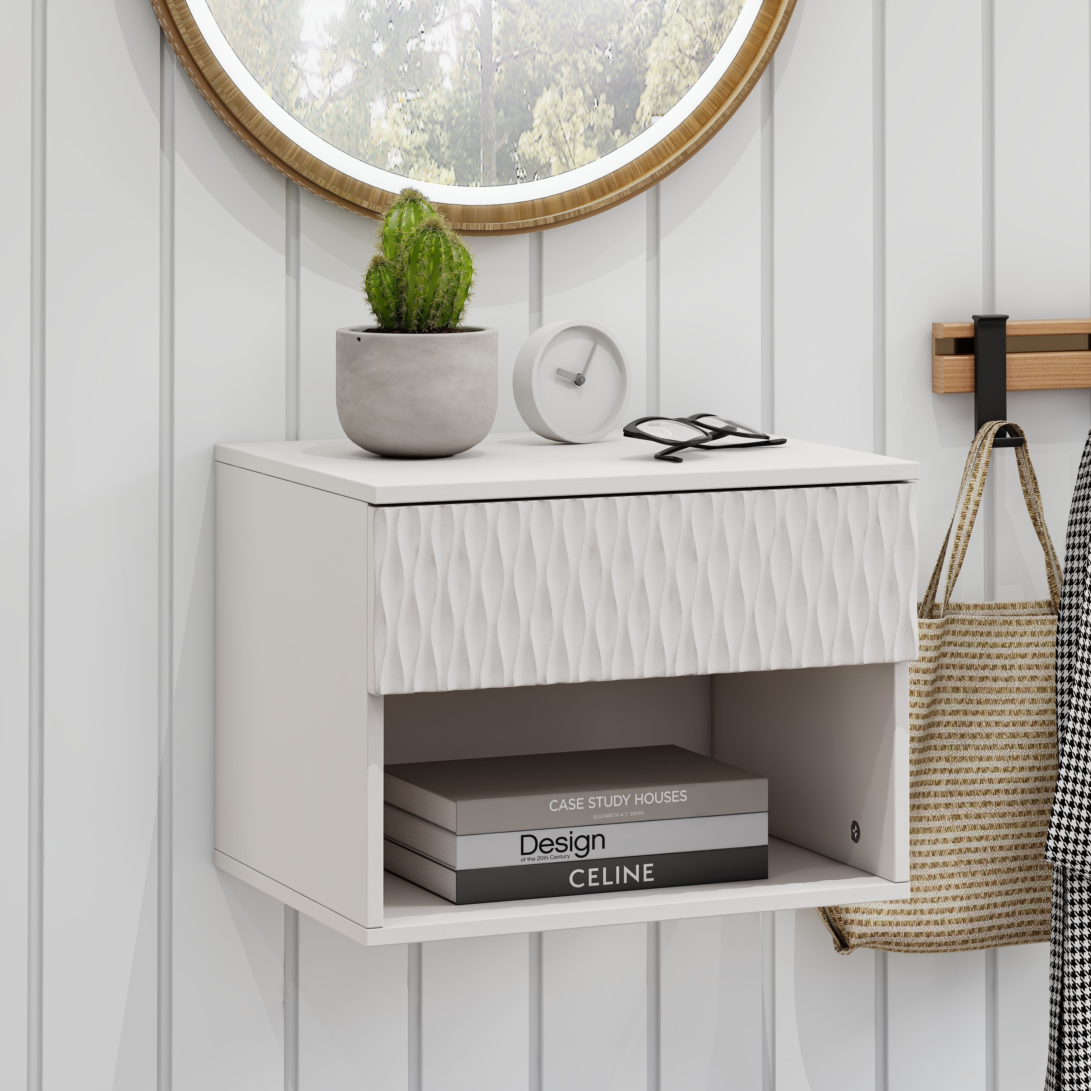 Set of 2 Nightstand with Modern Wall-Mounted Drawer Cabinet: Open Shelf, 3-Stage Rails, Carved Design, Anti-Wobble