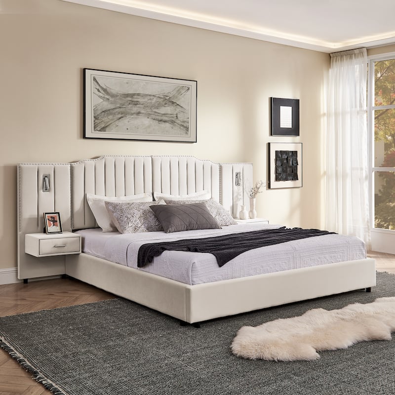 King Upholstered Wingback Platform Bed Frame with Vertical Stripe Enlarged Headboard, Adjustable Lamps & Integrated Nightstand