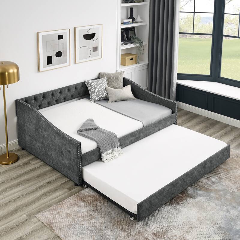 Full Size Daybed with Twin Size Trundle Upholstered Tufted Sofa Bed, with Button on Back and Copper Nail on Waved Shape Arms