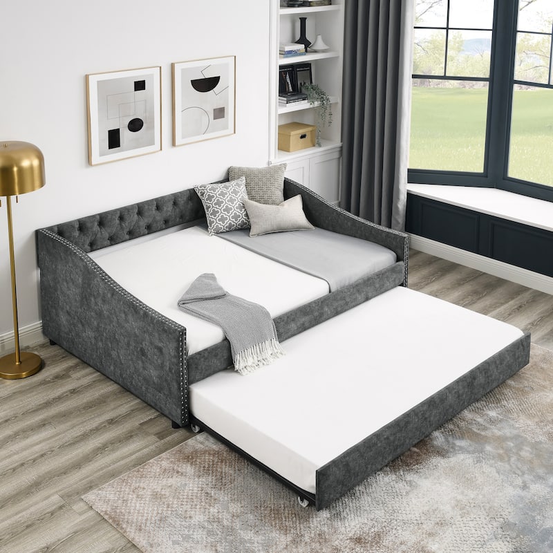 Full Size Daybed with Twin Size Trundle Upholstered Tufted Sofa Bed