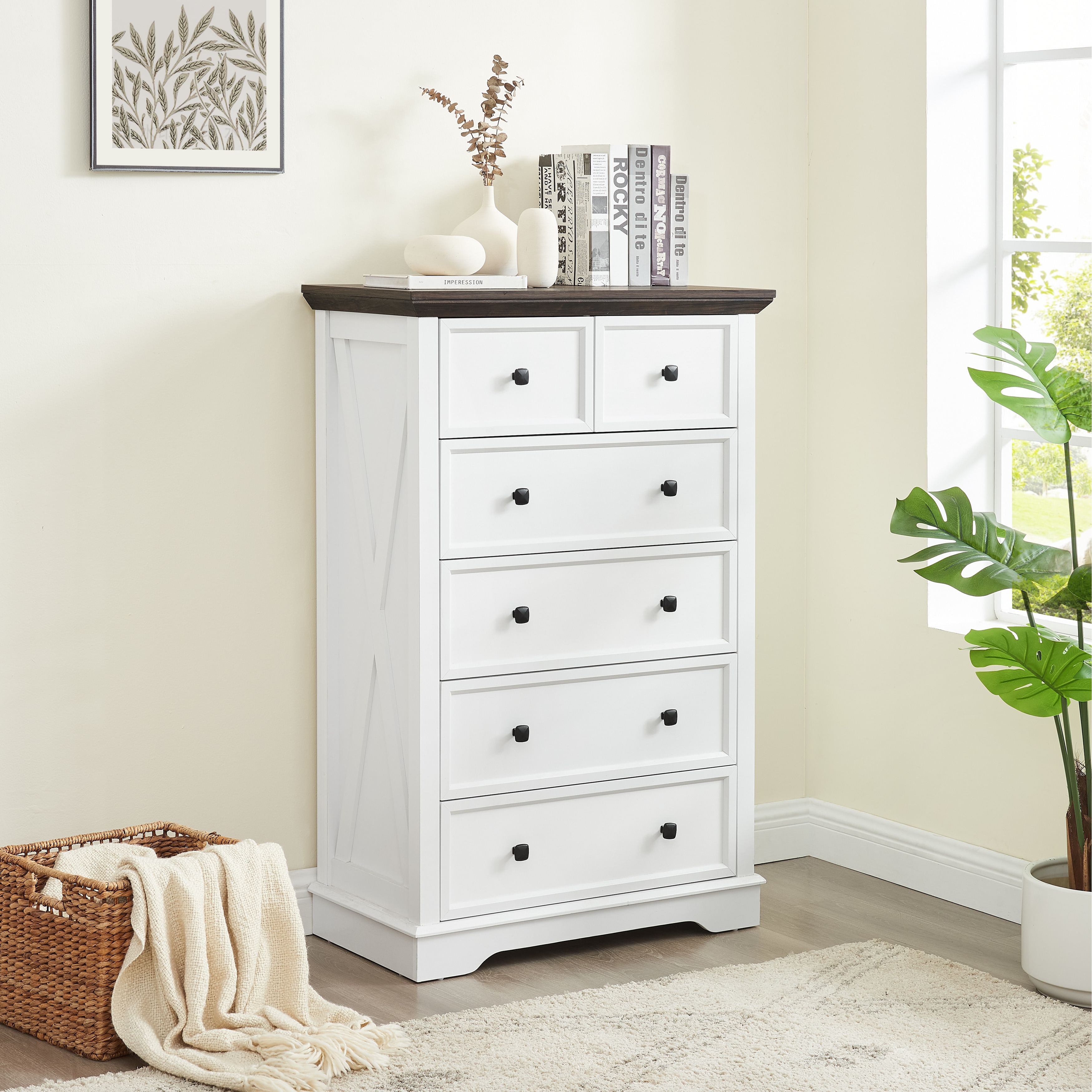 white dresser with black handles 50.8 inches Modern Minimalist White/Black 6-Drawer Double Dresser with main image 0