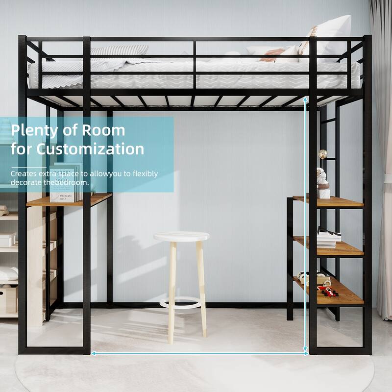 High Iron Bed Frame with Desk, Storage Shelves, Railing and Ladder