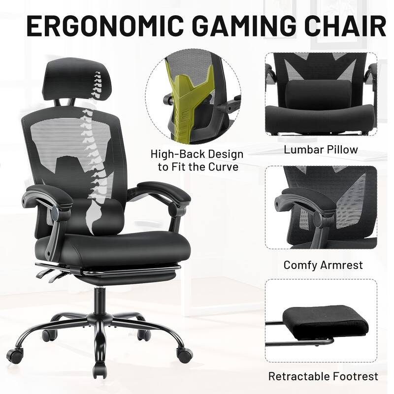 Ergonomic Office Chair with Footrest, High-Back Mesh Rolling Swivel Reclining Chairs Computer Desk Seat