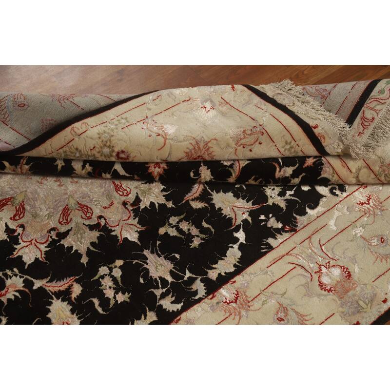 Hand Knotted Oriental Wool & Silk Carpet Traditional Floral Black Tabriz Area Rug - 7' 1'' X 4' 10''
