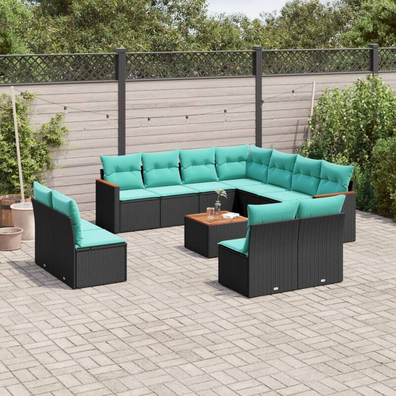 vidaXL 11 Piece Patio Sofa Set with Cushions Black Poly Rattan - 196.1x27.2x24.4