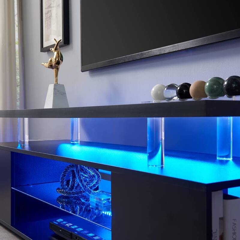Modern LED TV Stand, Gaming Entertainment Center Media, for 60 Inch TV Table with Side Cabinet, for Living Room, Black