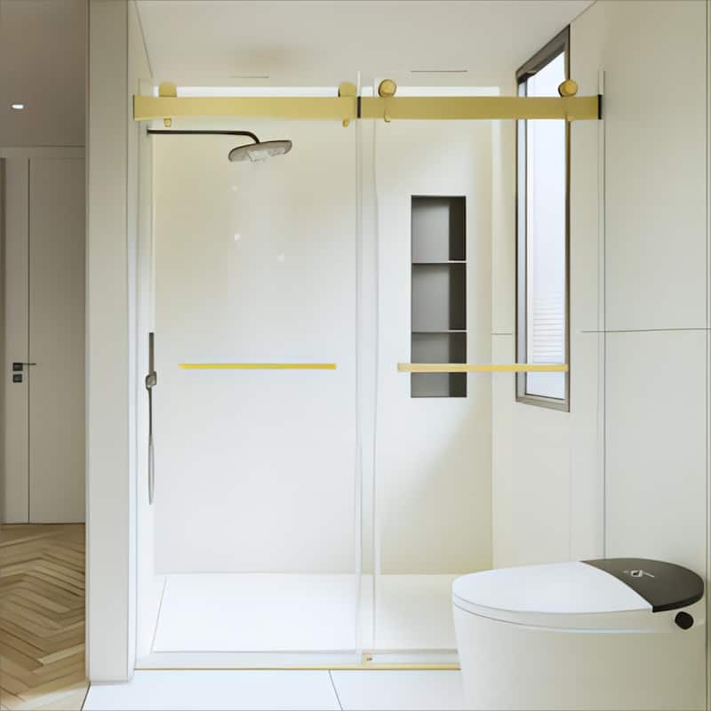 60''W x 76''H Frameless Double Sliding Soft-Close 3/8 inches Glass Shower Door in Brushed Gold/Nickel/Black