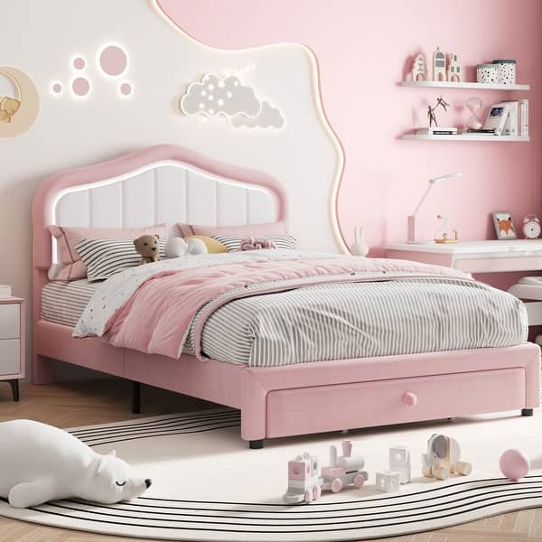 Upholstered Bed Frame With Storage Drawer and Smart Led Headboard