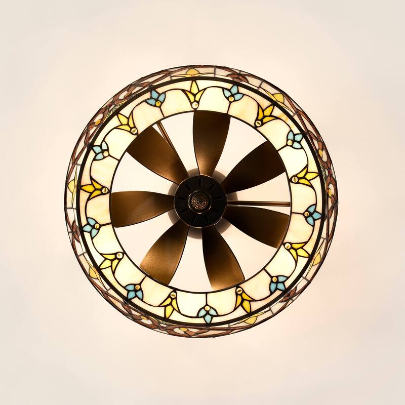 Fleur Carousel Ivory and Amber Tiffany Glass Lighted Ceiling Fan w Remote