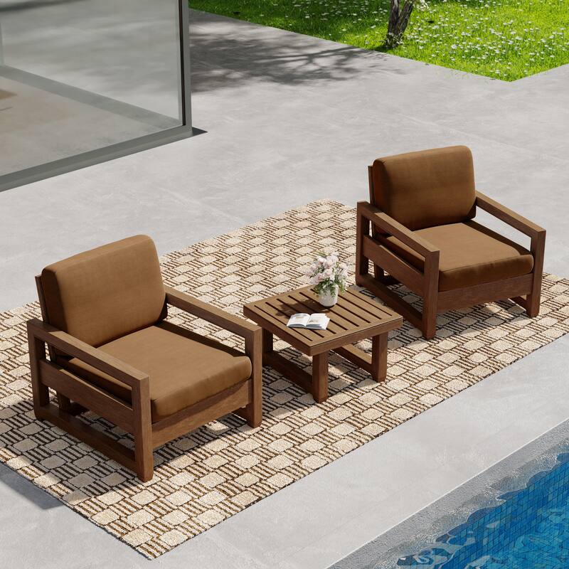 3-Piece Teak Wood Chair Outdoor Patio Conversation Set with Table
