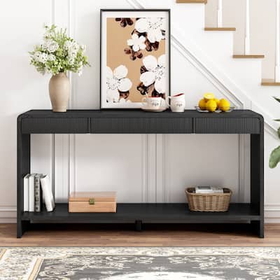 Modern 3-Drawer Console Table Featuring Vertical Slats and Round Edge Design, Ideal for Entryway, Hallway.
