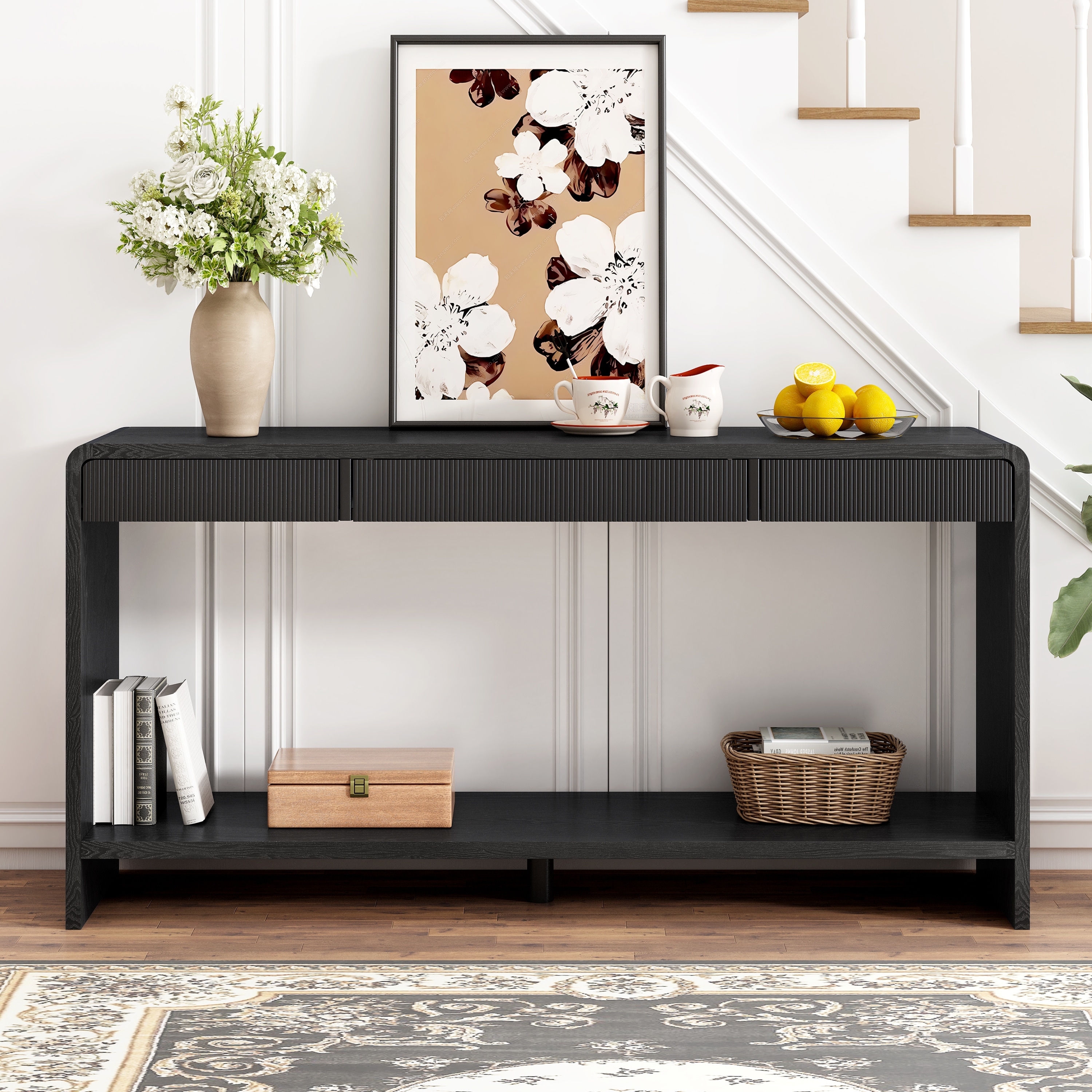 Retro Round Edge Console Table with Vertical Slats, 59" Long Wooden Entryway Table with 3 Drawers and Bottom Shelf