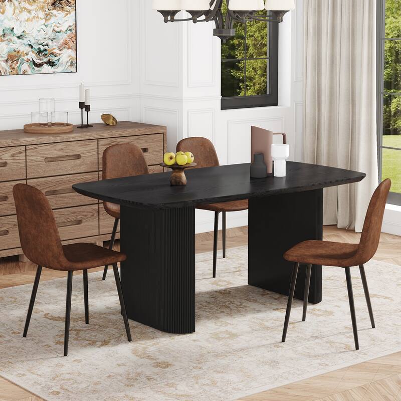 5/9-Piece Dining Table Set, 67" Wood Table with 6 Chairs, Fabric Brown Cushioned Seats, Kitchen Table and Chairs Set - Brown Black 5 Piece Set