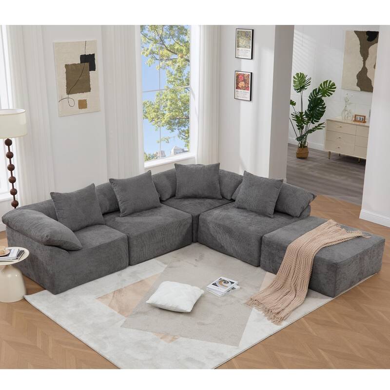 142" Chenille L-Shaped Modular Sofa with Sleeper & Ottoman
