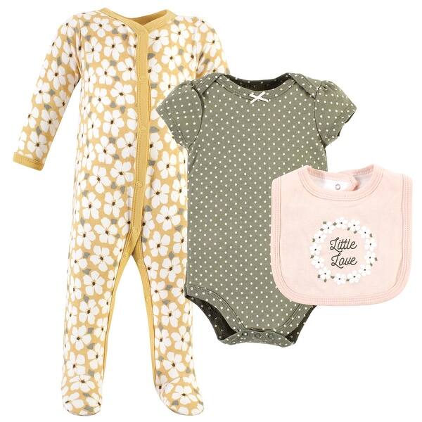 slide 1 of 1, Hudson Baby Infant Girl Cotton Sleep and Play, Bodysuit and Bandana Bib Set, Sage Floral Wreath 0-3 Months - Sage Floral Wreath