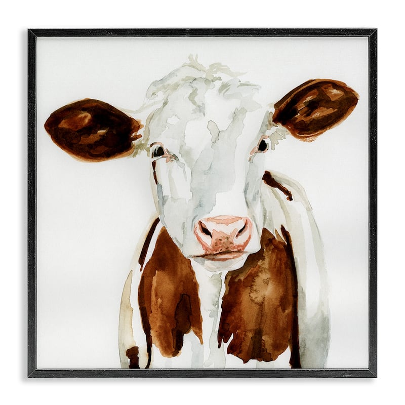 Stupell Farm Cow Portrait Neutral Watercolor Brown Tan Framed Wall Art, 12x12 - 12 x 12 - Black