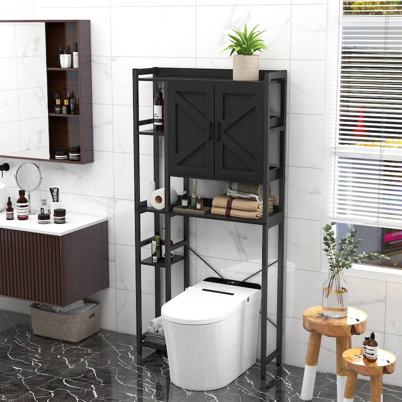 Over The Toilet Storage Cabinet Bathroom Organizer with Double Doors - Black