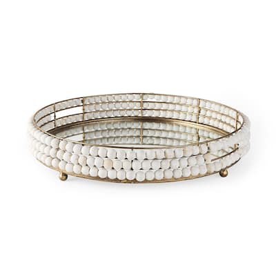 Decatur I White Wooden Beads w/ Mirrored Base Round Tray