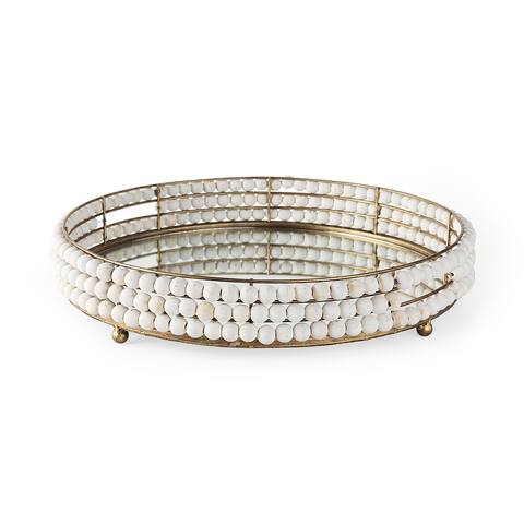 Decatur I White Wooden Beads w/ Mirrored Base Round Tray