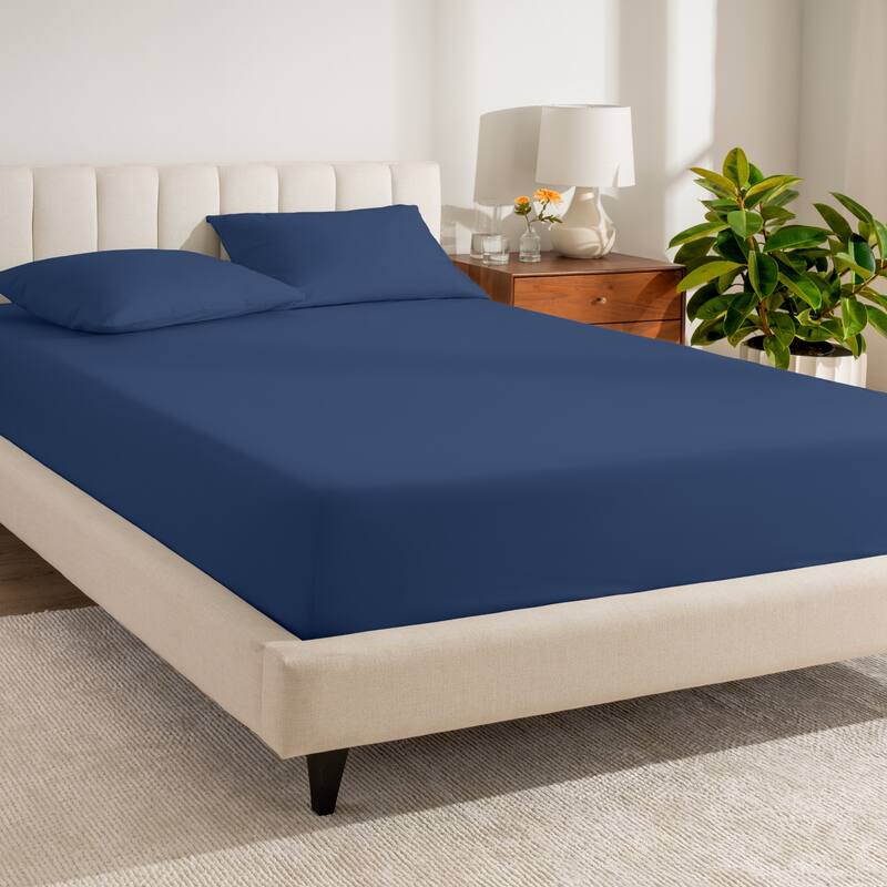 Bare Home Organic Cotton Percale Fitted Bottom Sheet - Queen - Dark Blue