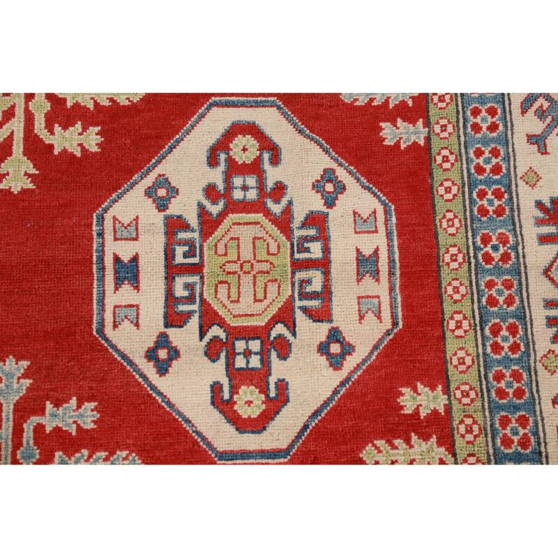 Hand Knotted Oriental 100% Wool Carpet Traditional Geometric Red Kazak Area Rug - 9' 8'' X 7' 11''