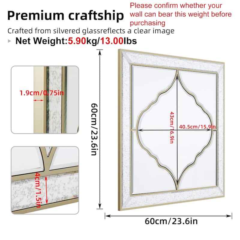 Square Wall Silver Glass Decorative Accent Mirror Golden Rim
