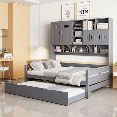 Full Size Wood Daybed with Built-in Storage Cabinet, Open Shelves & Twin Trundle Bed, Space-Saving Multi-Functional Frame