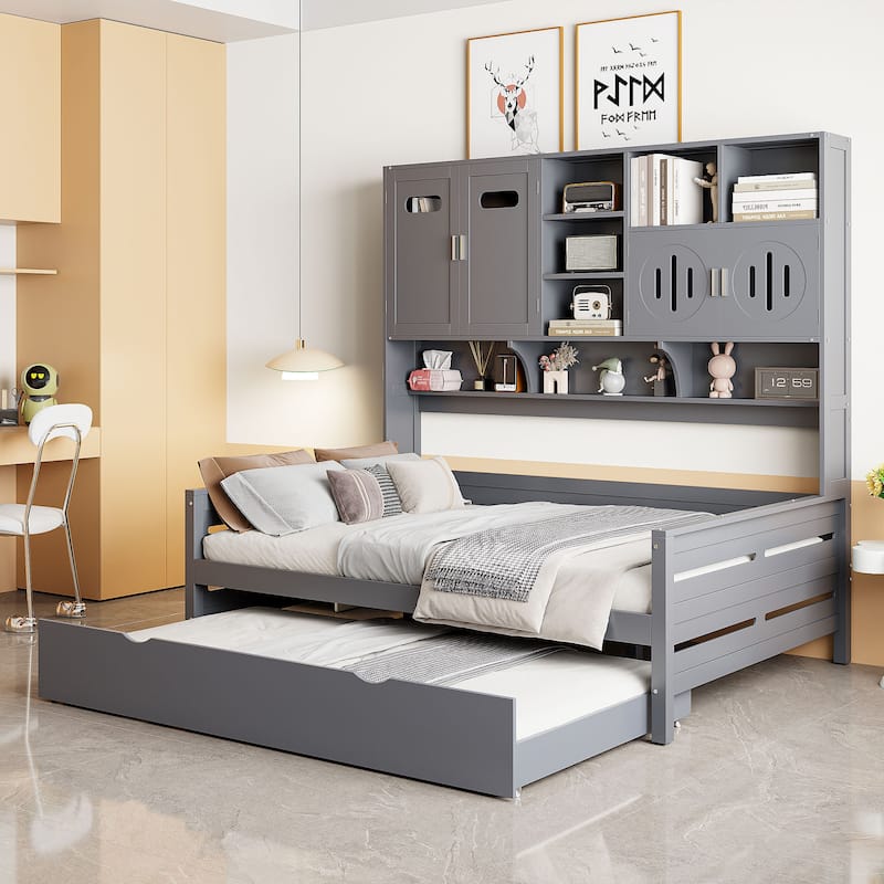 Full Size Wooden Daybed with Twin Trundle, Storage Cabinet & Shelves, Gray