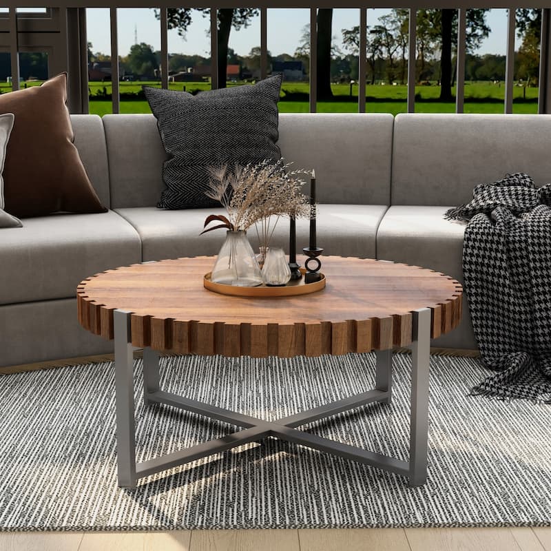 31.4" Handcrafted Drum Coffee Table‌ - Natural Wood Grain Finish with Sturdy Base, Modern Circular Living Room Centerpiece.
