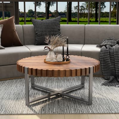31.4 Inch Round Coffee Table Modern Handmade Drum Coffee Table Wooden Coffee Table with Base, for Living Room