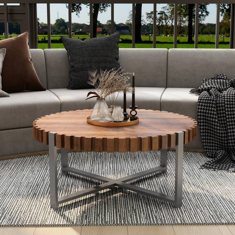GDFStudio - Elvara Minimalist Round Coffee Table with Fluted Wood Edges, Drum Base Design & Stable Metal Frame - 31.5"W