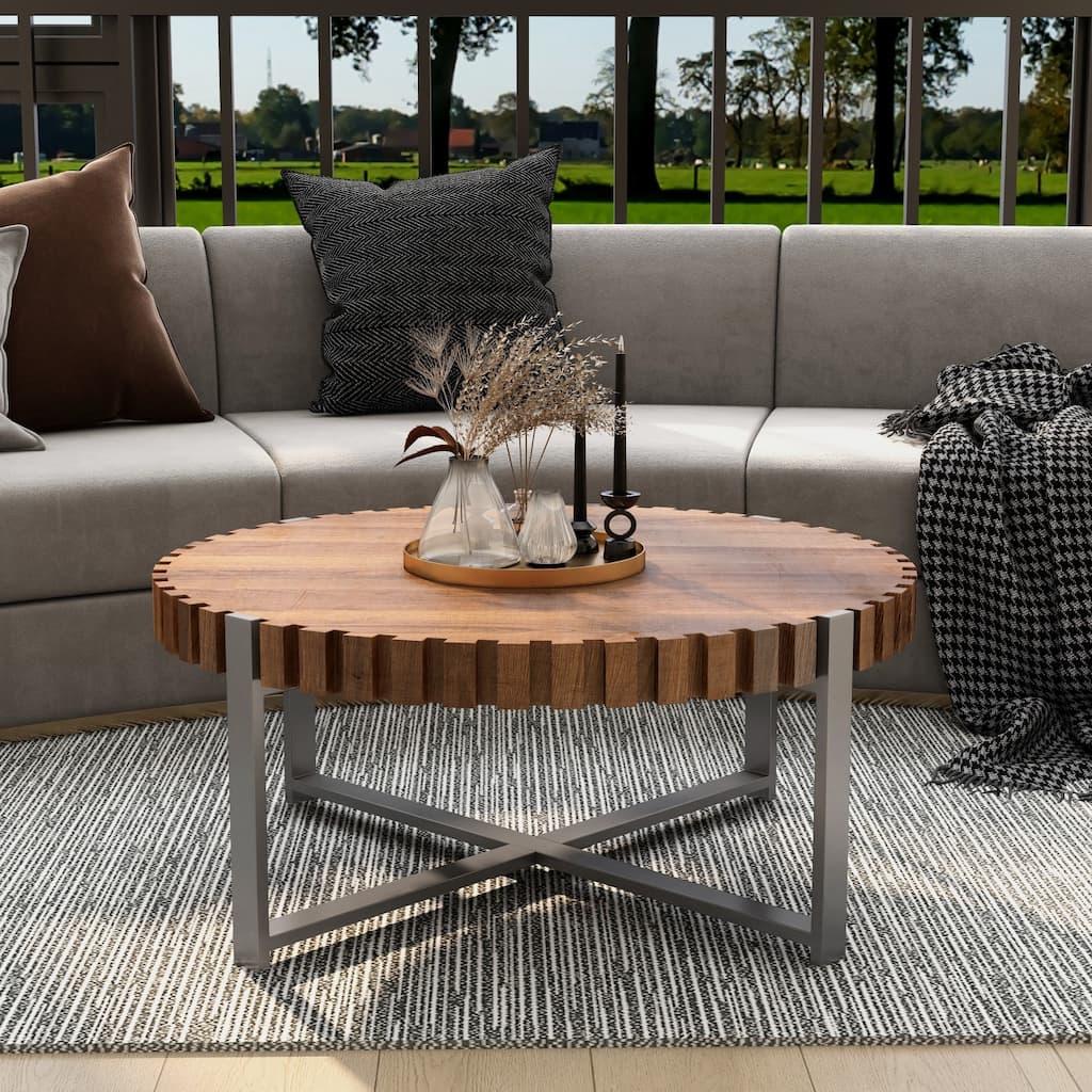 GDFStudio - Elvara Minimalist Round Coffee Table with Fluted Wood Edges, Drum Base Design & Stable Metal Frame - 31.5"W