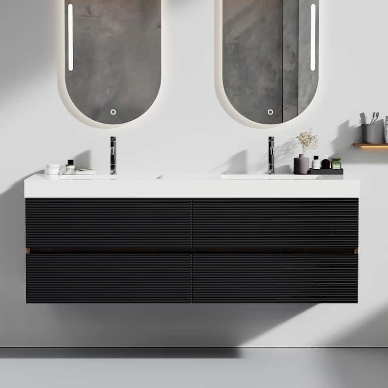 Wall Mounted Bathroom Vanity with Glossy White Solid Surface Sink - 59.05'' x 19.11'' x 25.81'' - Brown