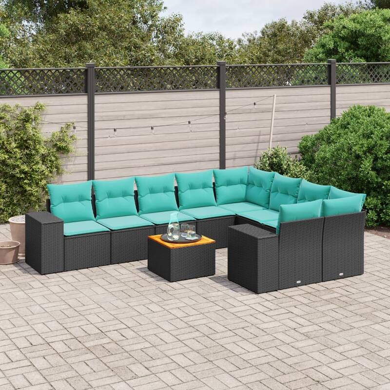vidaXL 10 Piece Patio Sofa Set with Cushions Black Poly Rattan - 24.4 x 24.4 x 27.2 - Black-Table + 2x corner + 5x middle