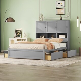 Queen Size Platform Bed with 4 Under-bed Drawers and Storage Headboard, Solid Wood Construction
