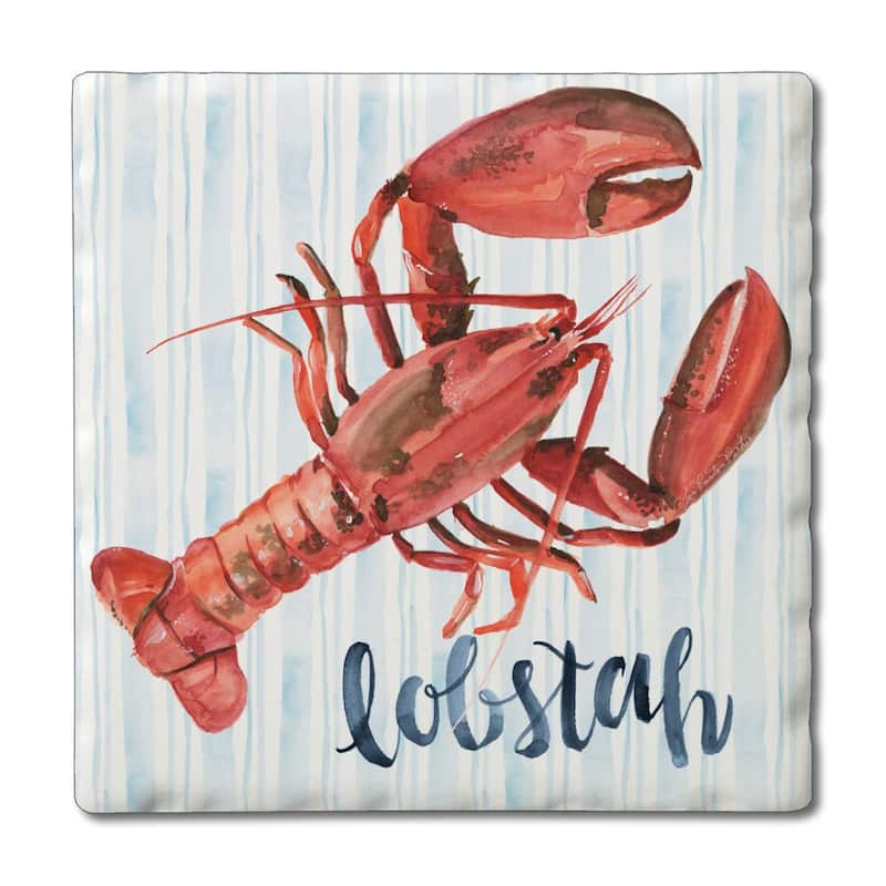 New England Lobstah 4-Pack Absorbent Stone Coasters with Protective Cork Backing 4" Square Made in The USA Easily Wipes Clean - Multi
