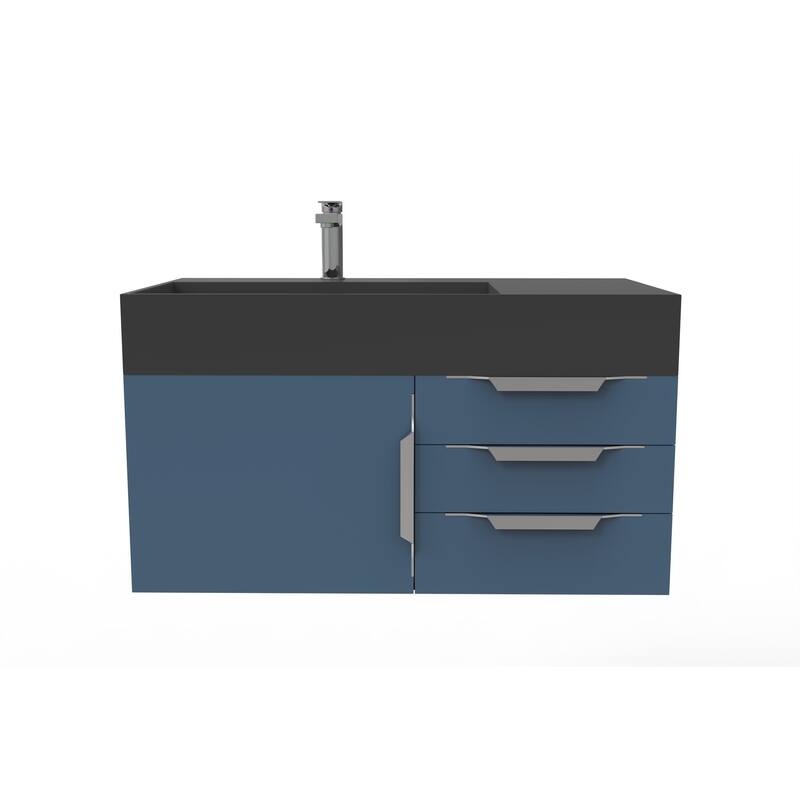 Amazon 36" Wall Mounted Bathroom Vanity Set w/ Black Top - Blue - Brushed Nickel Finish