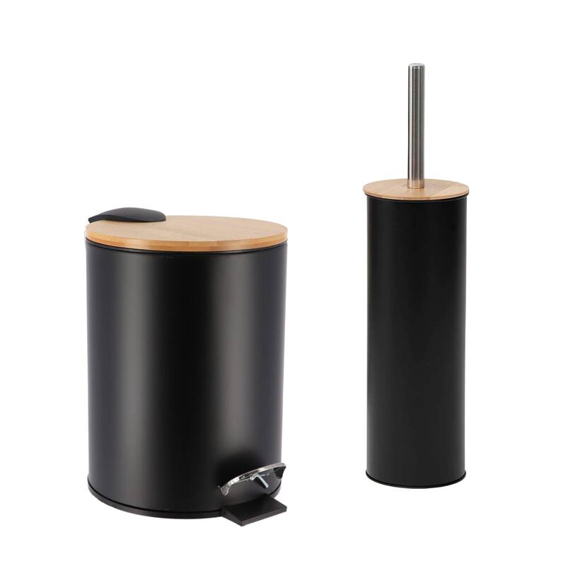 Bathroom Set with Bamboo Lid - Matte Metal Trash Can and Toilet Brush - 15.6" H x 11" L x 11" W - Black