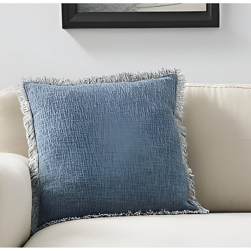 22" Navy Blue Cotton Throw Pillow With Fringe - Accent - Polyester