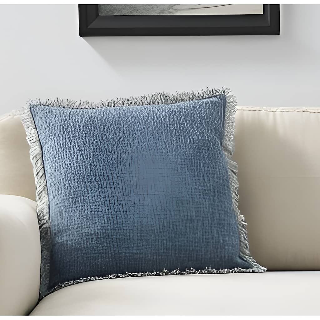 22" Navy Blue Cotton Throw Pillow With Fringe