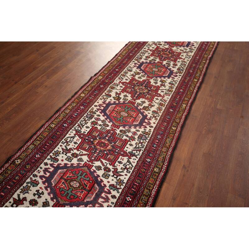 Tribal Gharajeh Persian Runner Rug Handmade Beige Wool Carpet - 2'7"x 9'7"